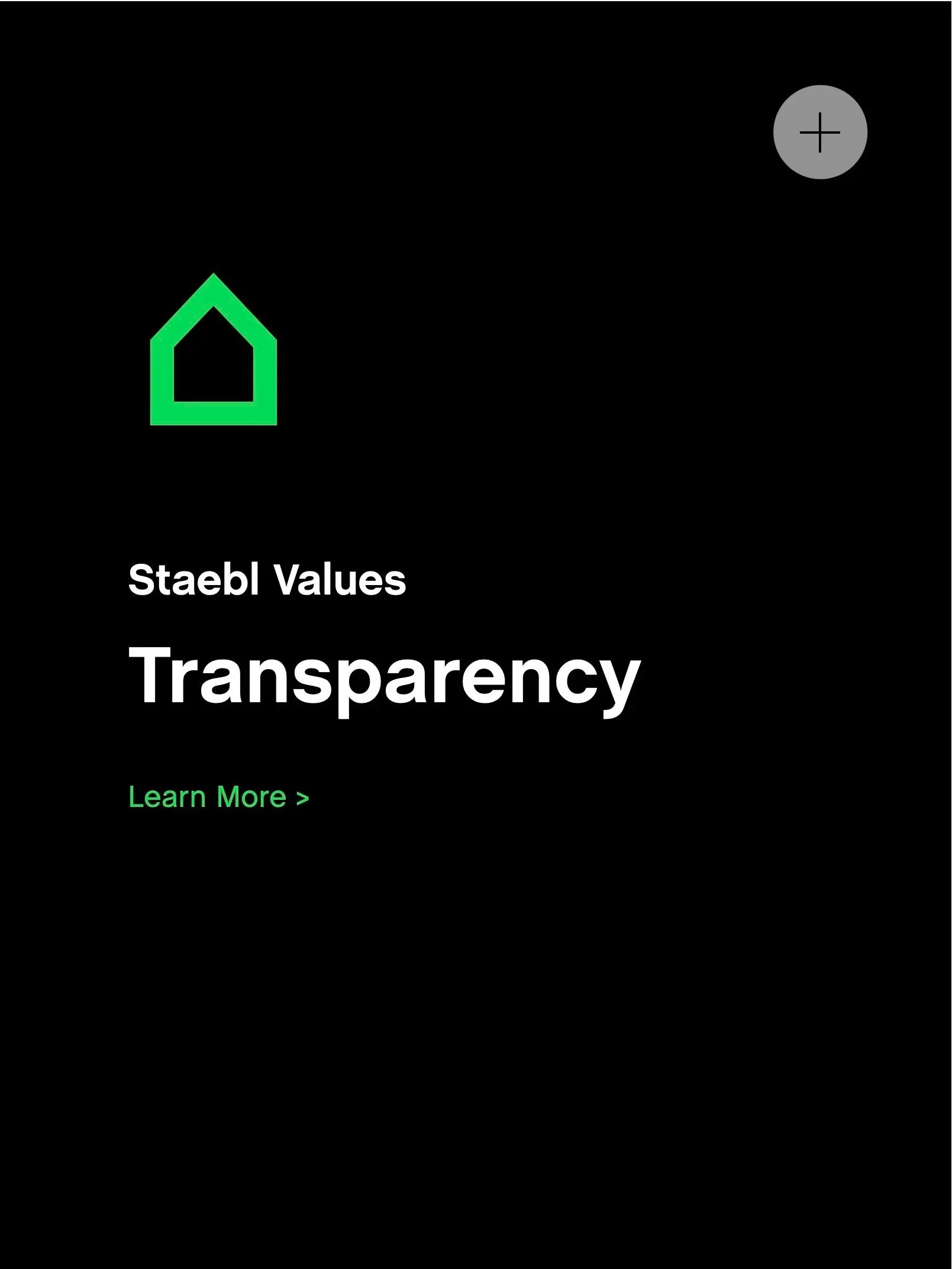 A black background with green and white text promoting transparency and stable values, and a green outlined house icon.