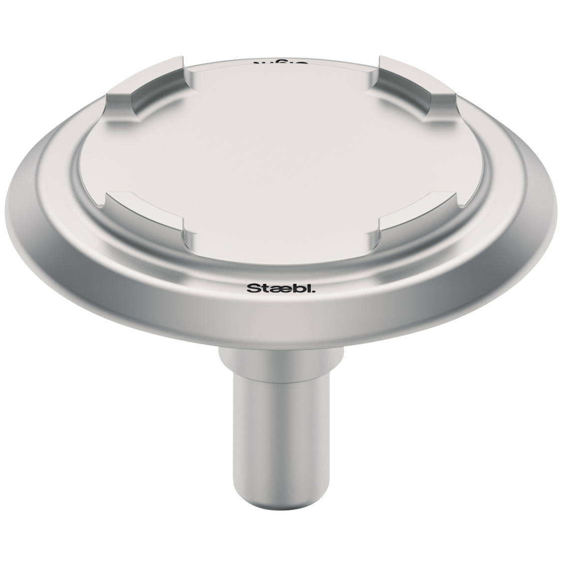A circular, silver-colored vacuum mount with the brand name "Staebl" visible, designed for holding a glass or acrylic panel, with a cylindrical connection at the bottom.