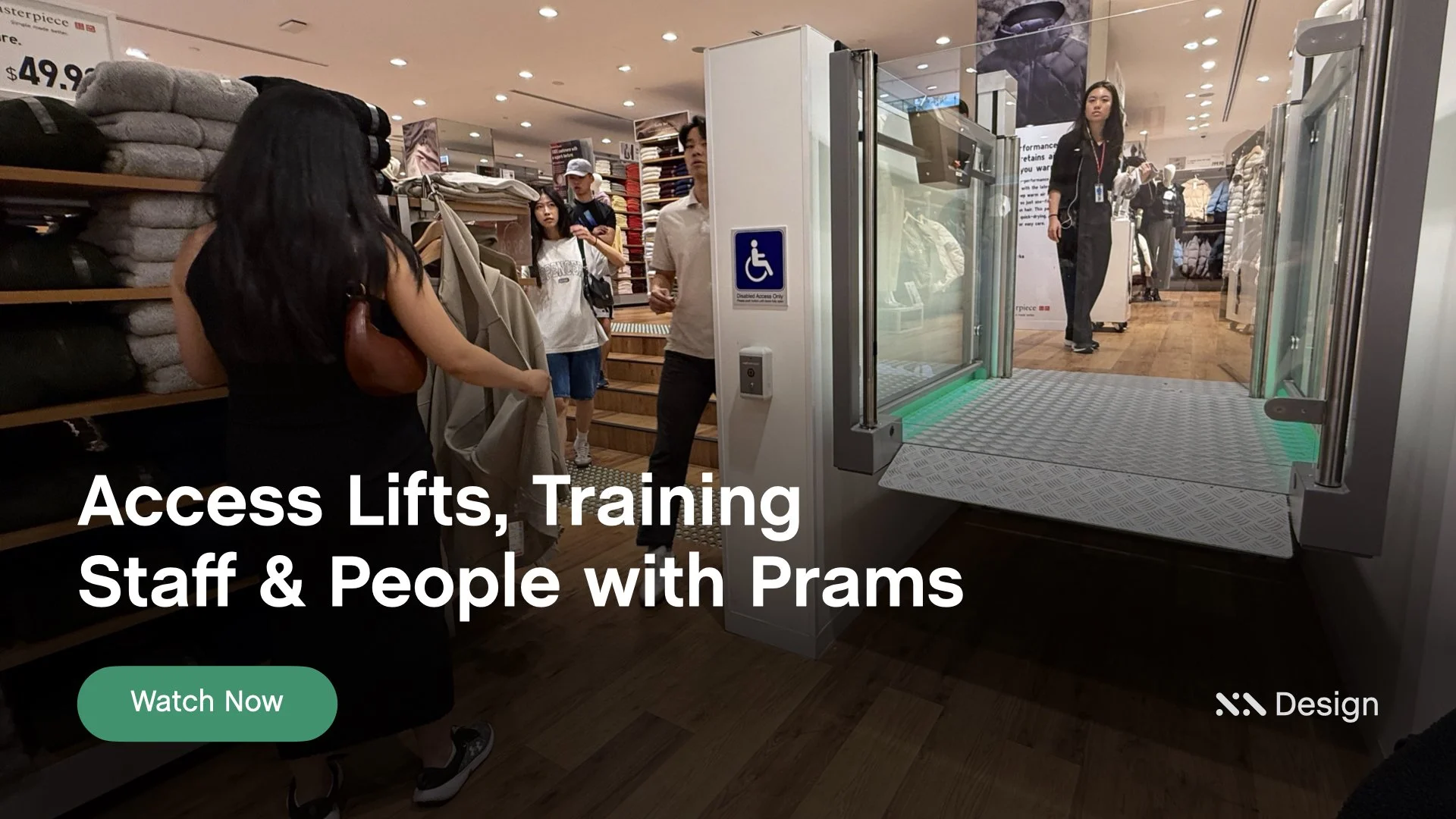 Staebl Academy - Banner for Learning Session - People with disabilities and staff using an access lift with prams in a retail store