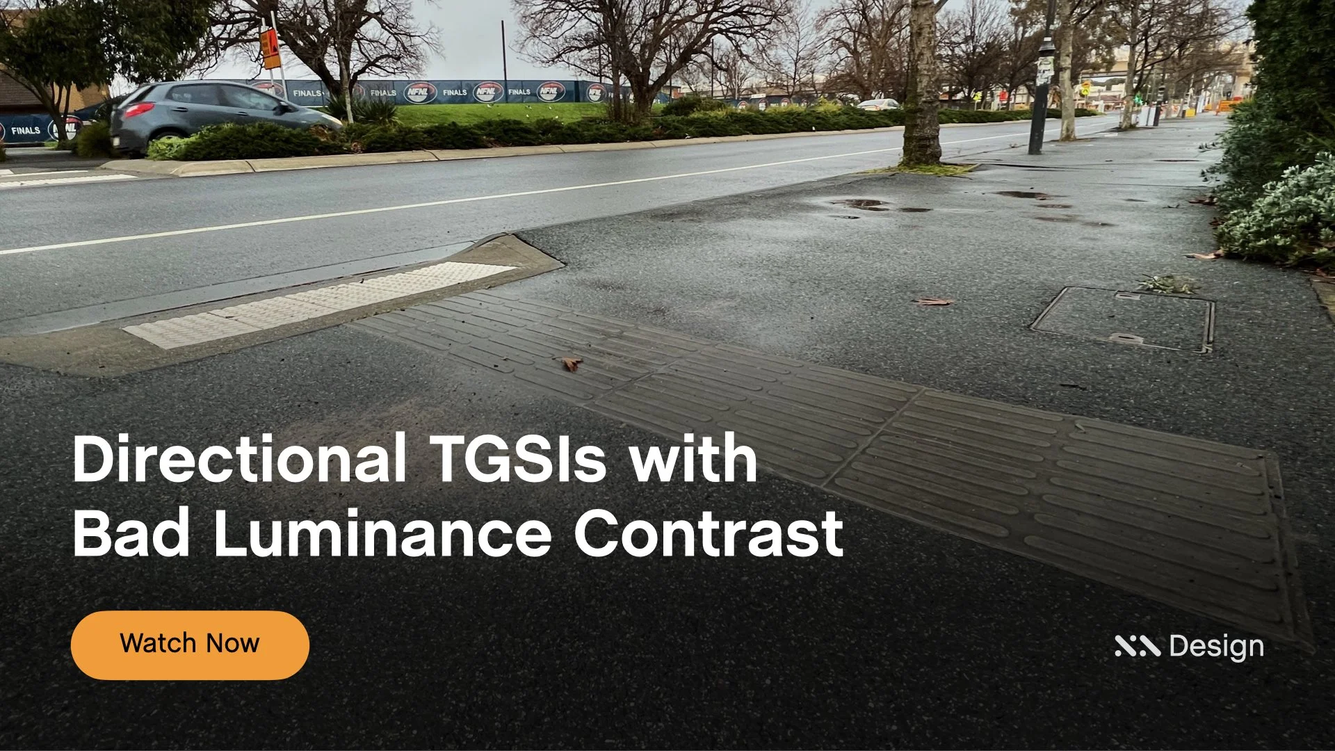 Staebl Academy - Banner for Learning Session - A city footpath with tactile paving (Warning & Directional TGSIs),  tree-lined street, and parked cars. Text overlay mentions 'Directional TGSIs with Bad Luminance Contrast' and a button 'Watch Now.'