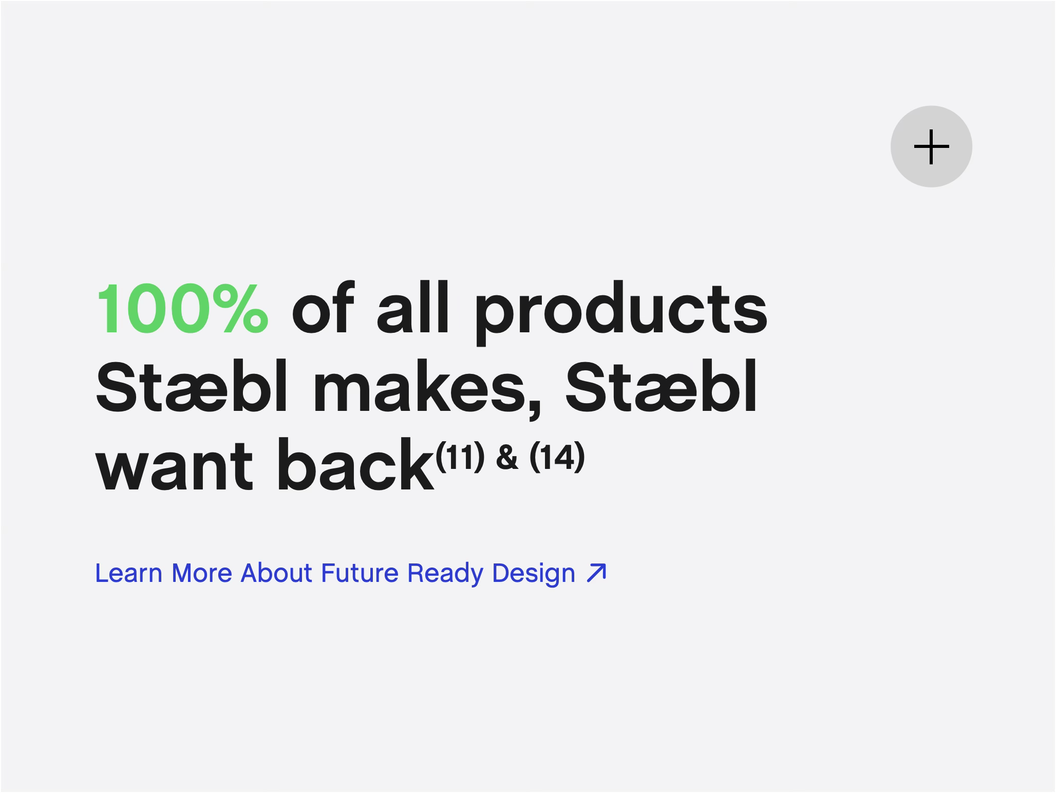 Text on a webpage that reads: '100% of all products Stæb makes, Stæb want back.' Additional text says: 'Learn More About Future Ready Design' with an arrow icon.