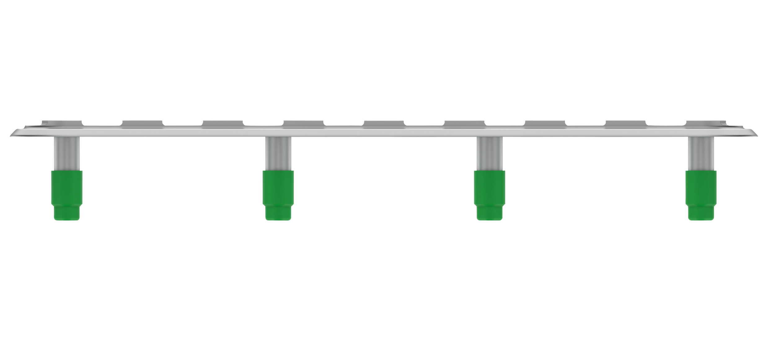 A green and silver plastic hopscotch game with four green legs and a long silver top surface.