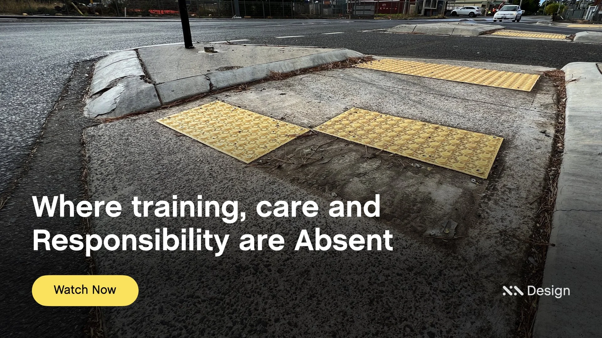 Staebl Academy - Banner for Learning Session - A damaged intermediate kerb with yellow tactile paving tiles (Warning TGSIs) missing, weeds growing through cracks, and a street with cars in the background.