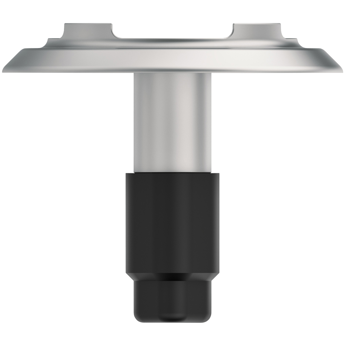 A metallic, industrial-looking component with a cylindrical black base and silver top, possibly part of machinery or equipment.