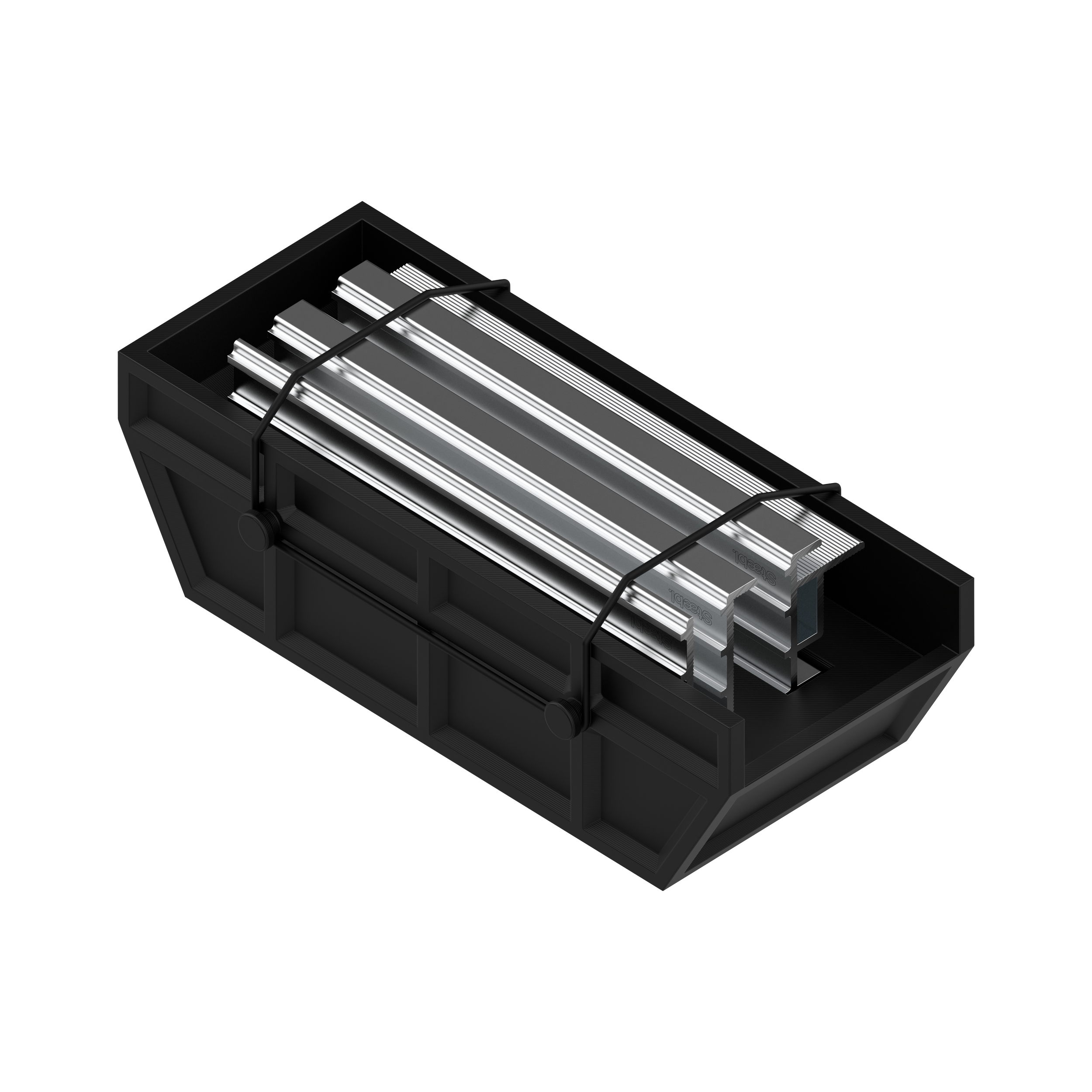Close-up view of a metal object with a black frame, multiple silver rods, and a black cable wrapped around it.