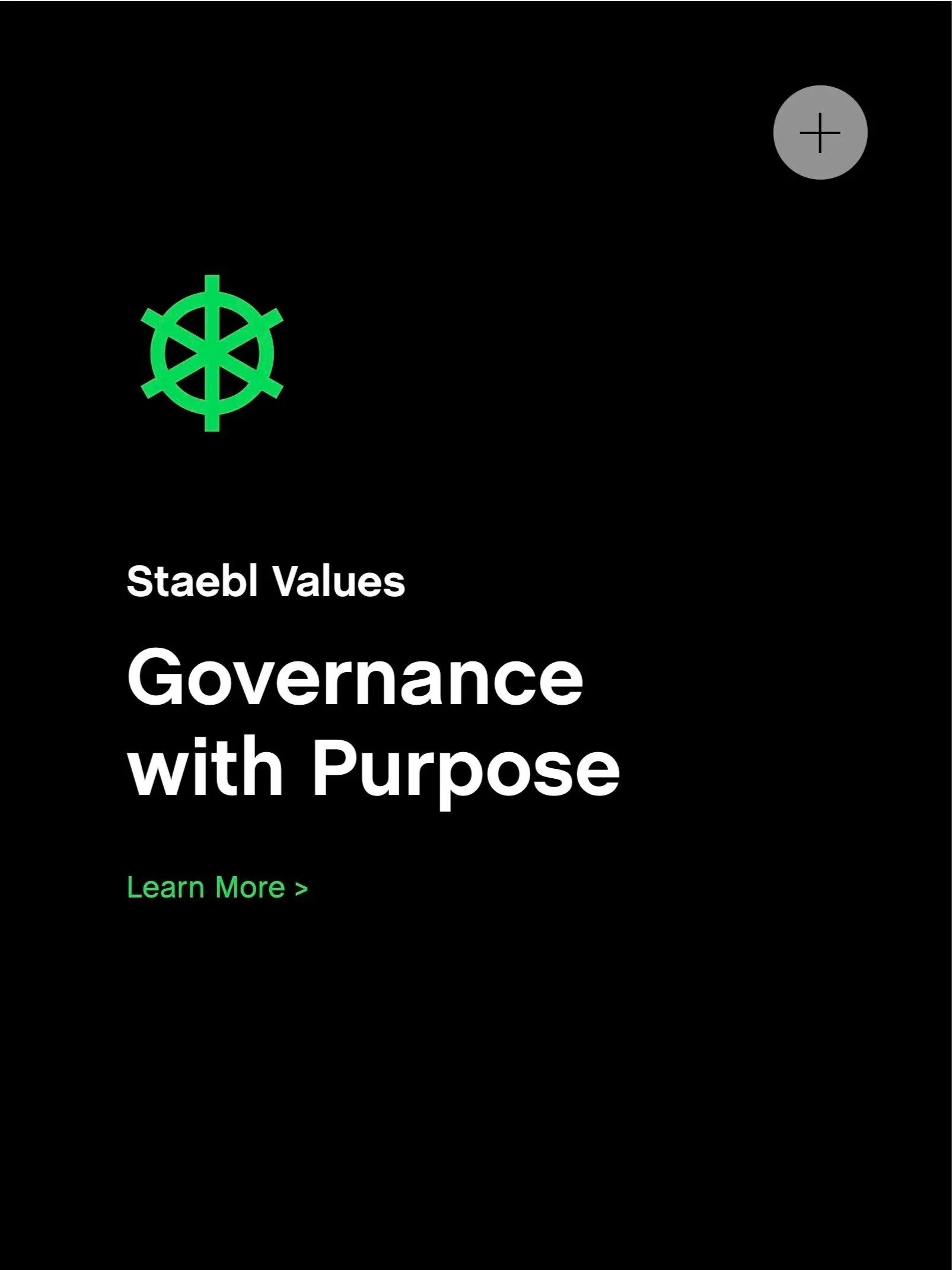 A dark screen displays a green gear icon and white text that says 'Governance with Purpose'. There is also smaller green text at the bottom that says 'Learn More >'.
