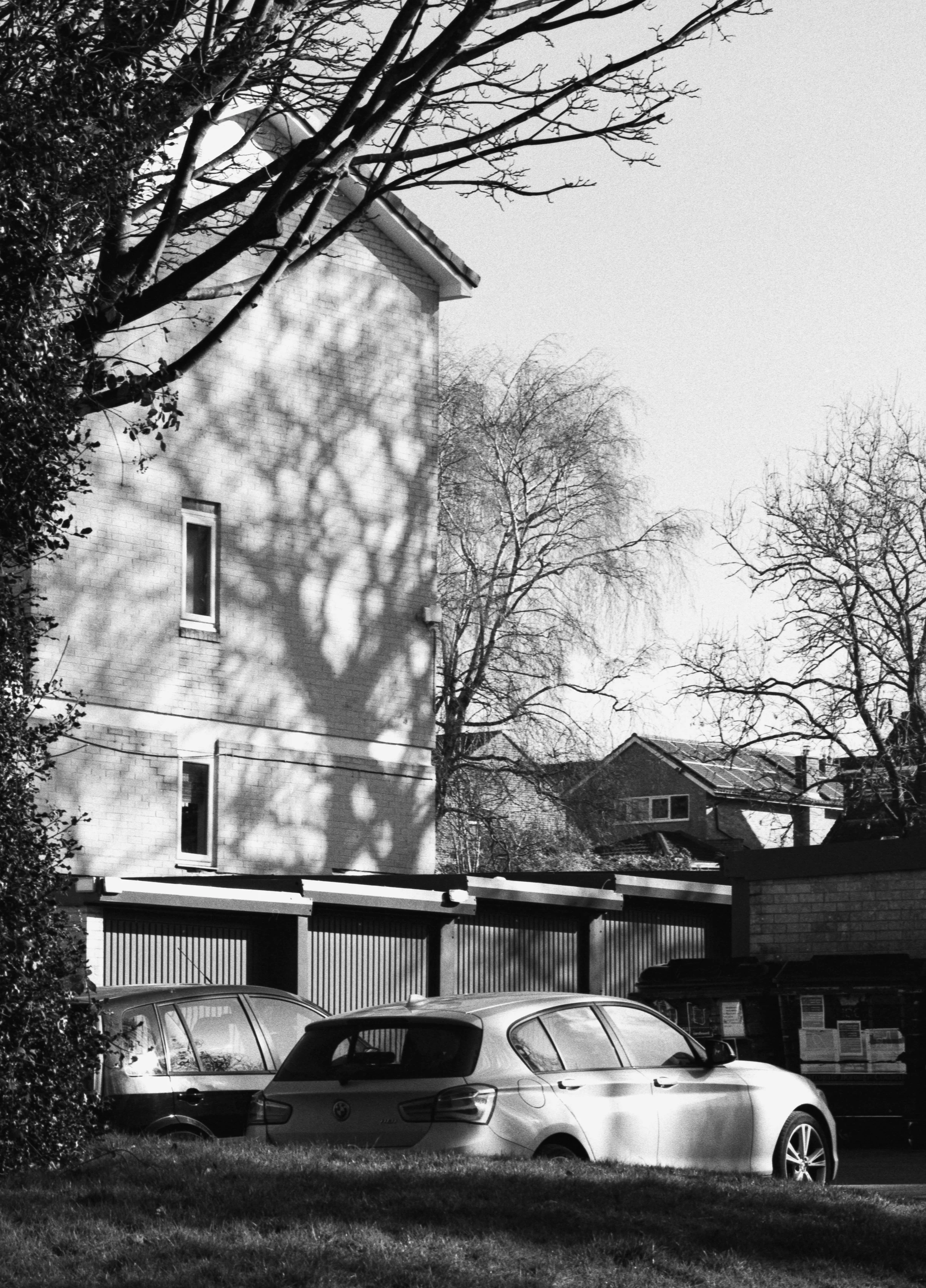 Black and white photo of a residential area with a large building, trees with bare branches, parked cars, a fence, and garbage bins.