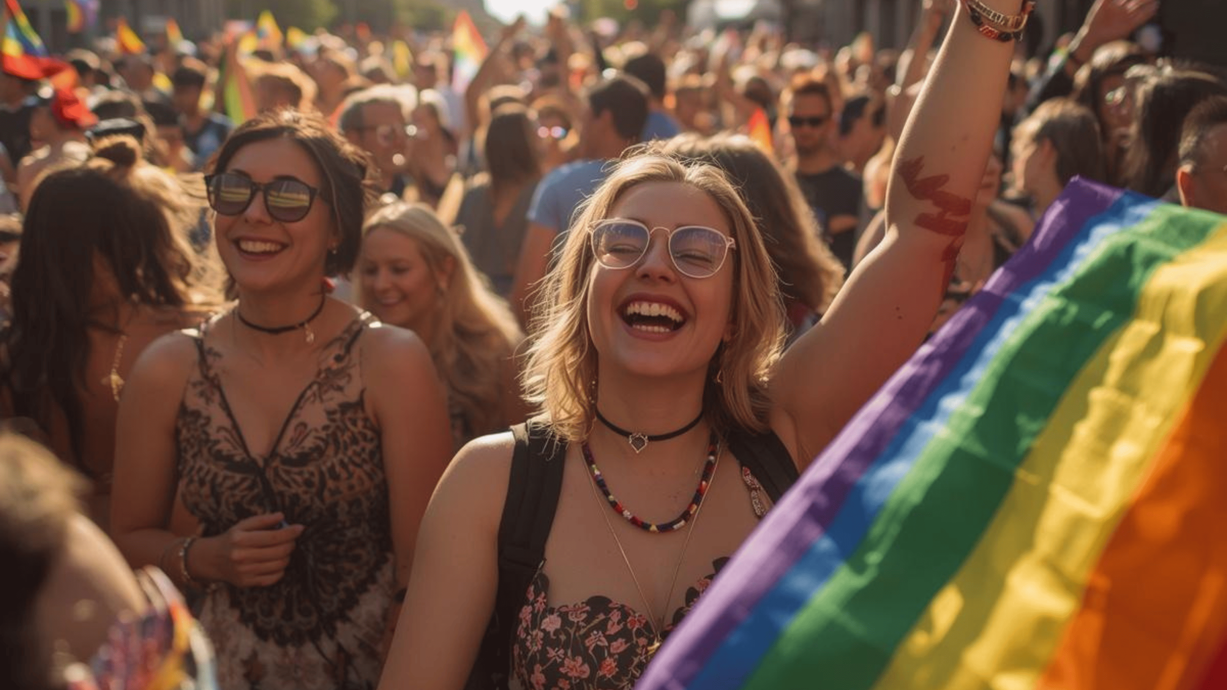 A joyful woman laughs at a Pride parade, holding a rainbow flag surrounded by a cheerful crowd.
