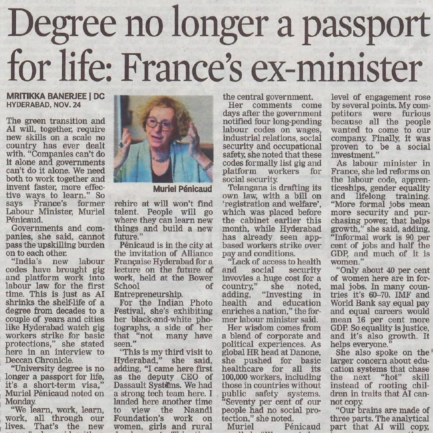 Muriel Pénicaud in Hyderabad - article from the Deccan Chronicle