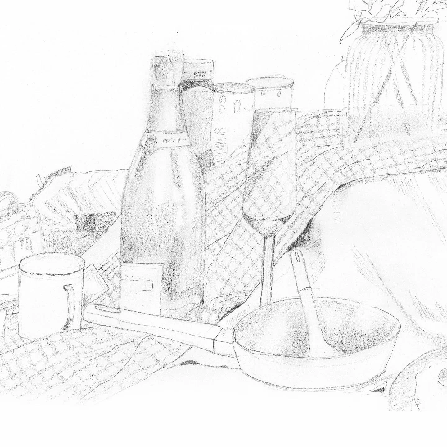 Another successful drink and draw night this week! 

I've decided I like to create still life's with a bit of story (instead of your traditional cut fruit and flower set ups) 

This week was breakfast related, so I raided the cupboards for this.... I