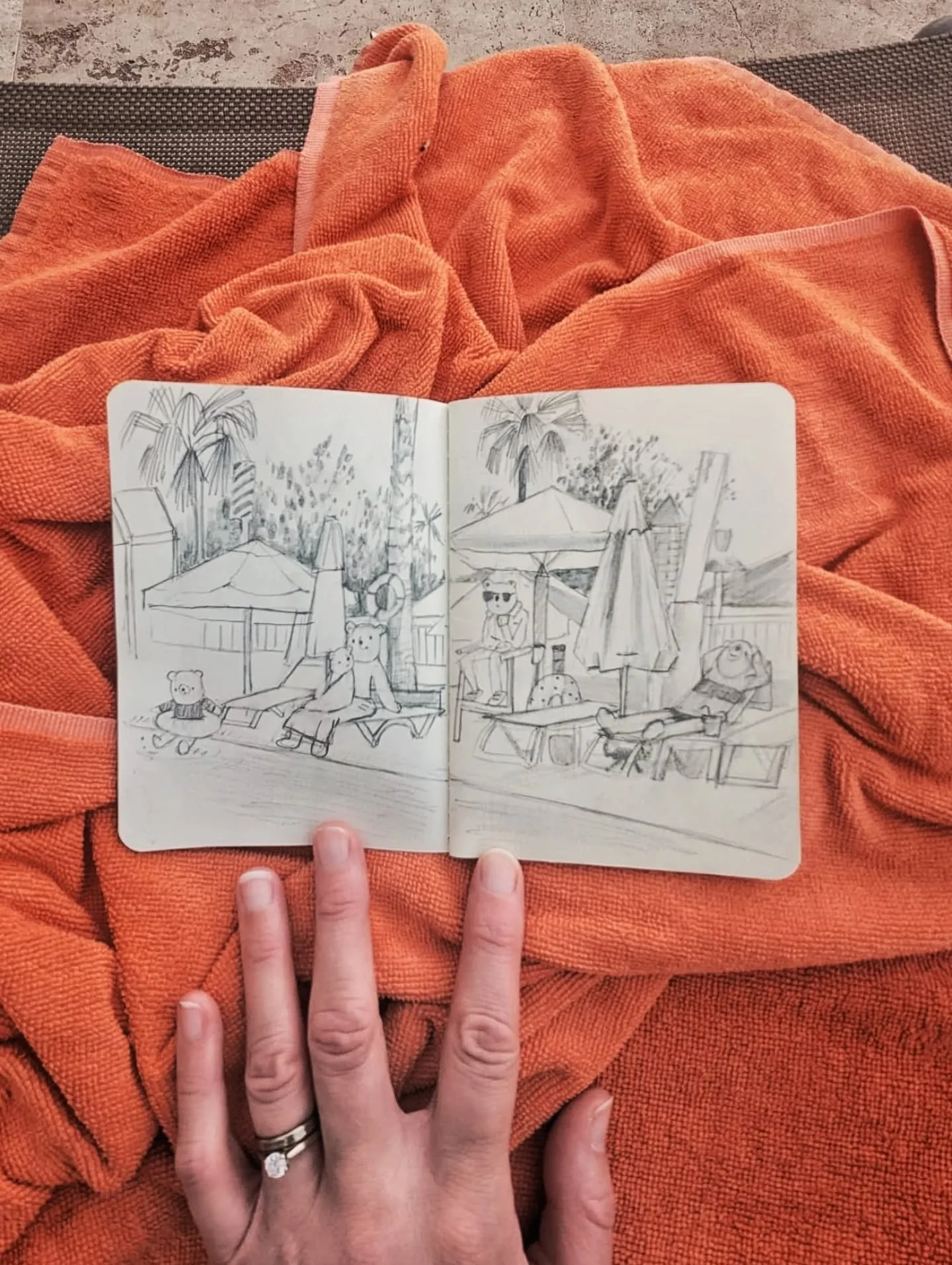 Soaking up a bit of late sun and couldn’t resist some poolside sketching... and swapping the people for bears again 
Before we came away, I finished setting up my Faire shop and was waiting for this holiday to switch it on, which I did today!