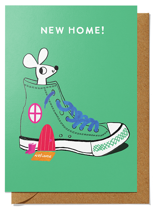 New Home Greeting Card trainer shoe as a house with window and red door with a quirky cute mouse peeking out of the top on green background illustrated by UK illustrator Holly Fox