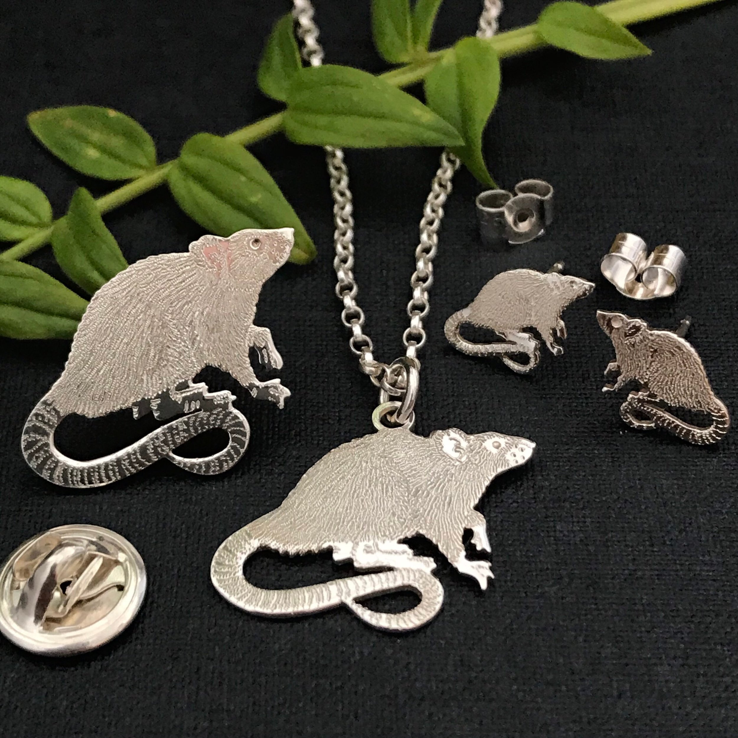 Silver Rat Jewellery, pendant, earrings and pin.