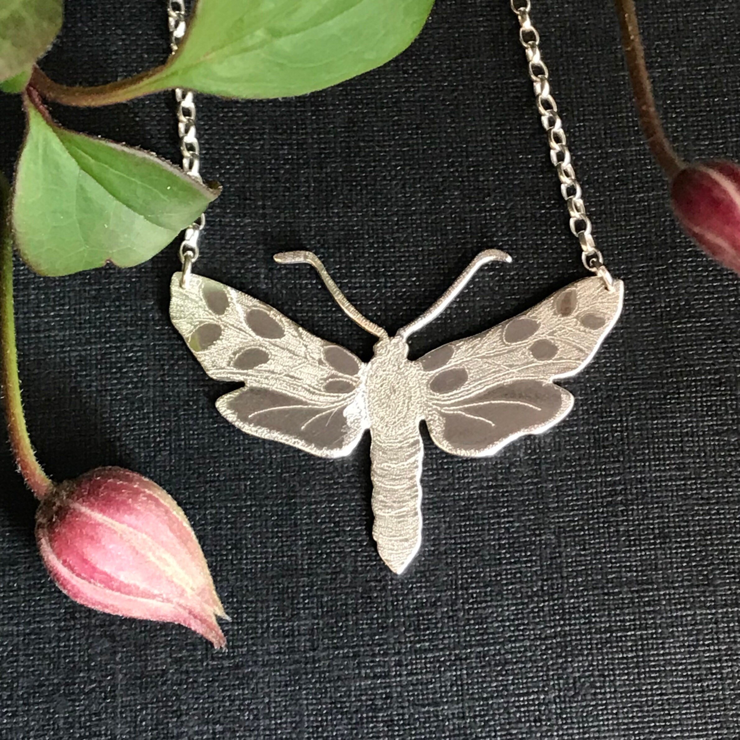 Silver Handmade Six-spot Burnet Moth Necklace.