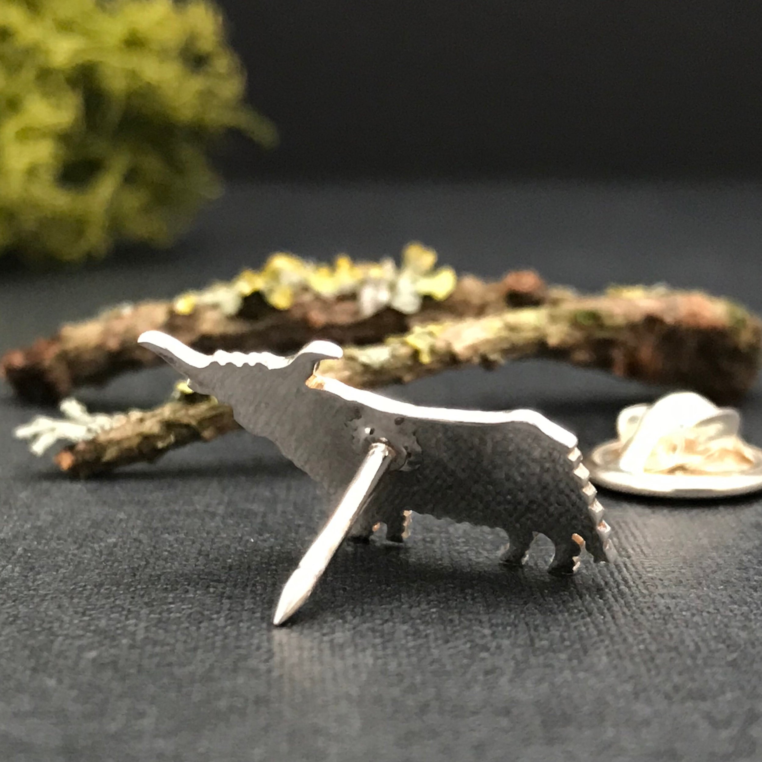 Back view of Silver Highland Cow Lapel Pin.