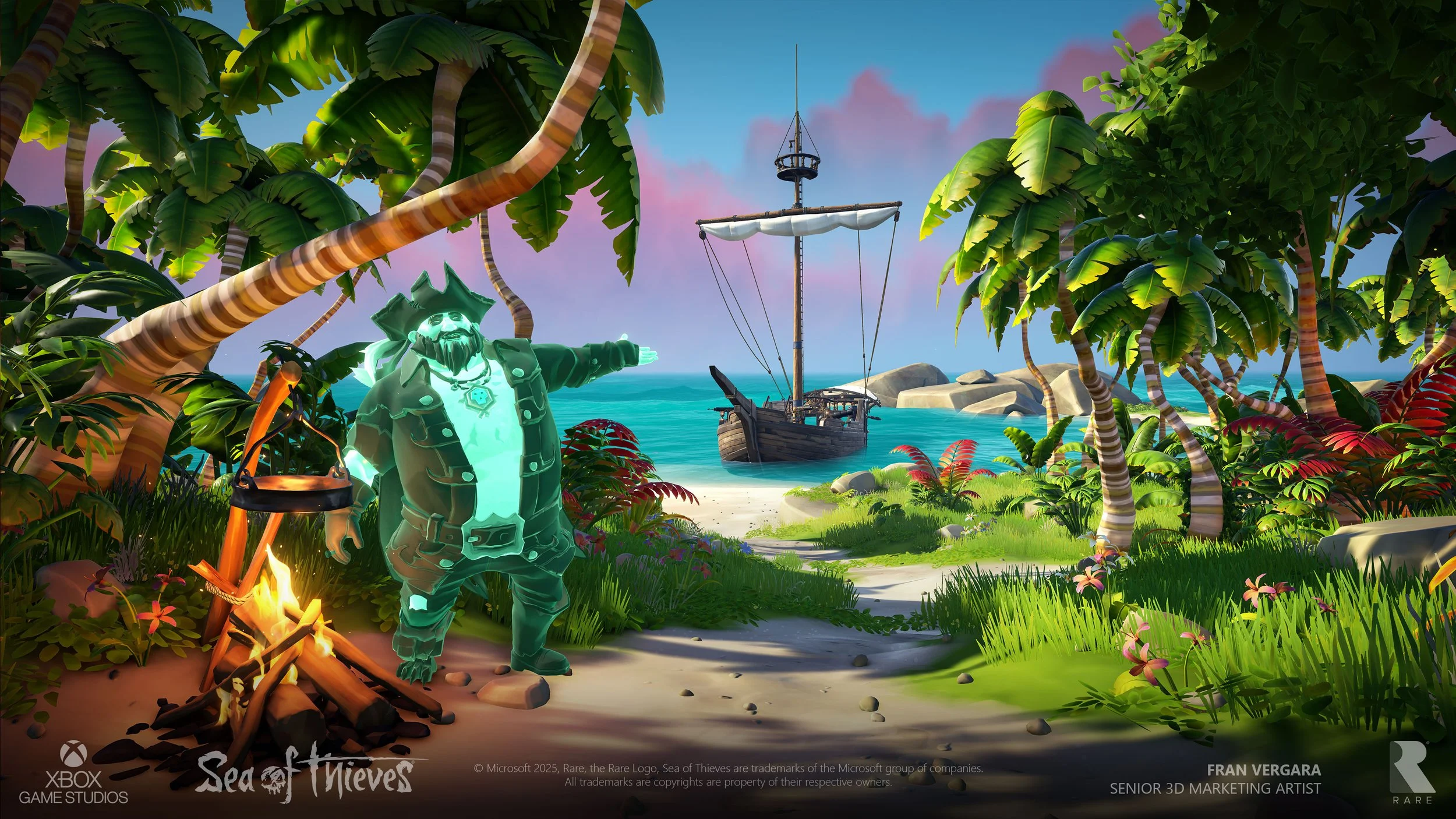 A tropical island scene from the game 'Sea of Thieves' showing a ghostly pirate in front of a campfire surrounded by lush green vegetation, with a sailboat anchored near the sandy shore and pink clouds in the sky.