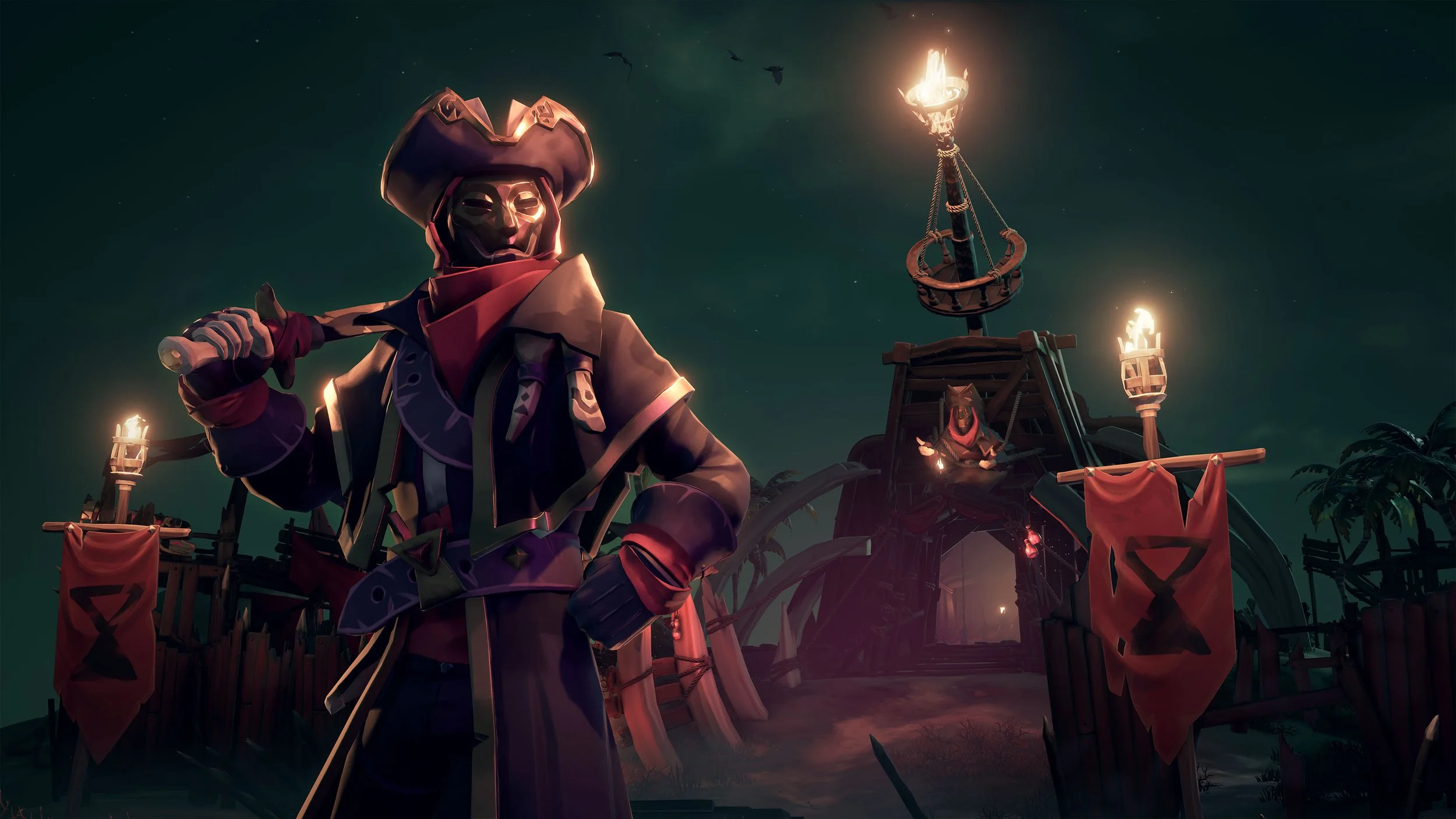 A character from a video game dressed as a pirate with a pirate hat, holding a sword, standing in front of a ship with lit torches at night. The scene has a dark, mystical atmosphere with flying birds in the background.