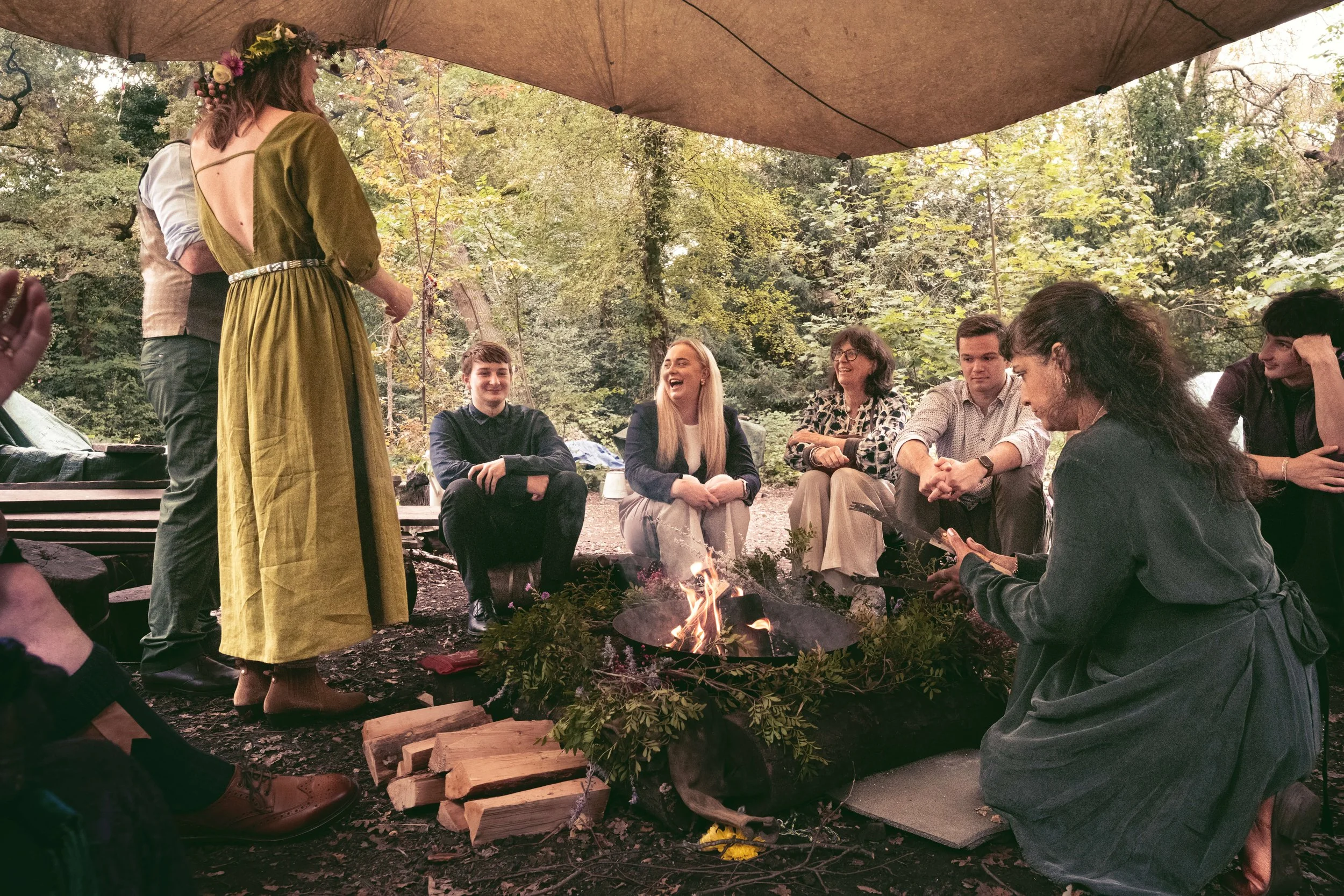 Happy guests at forest wedding