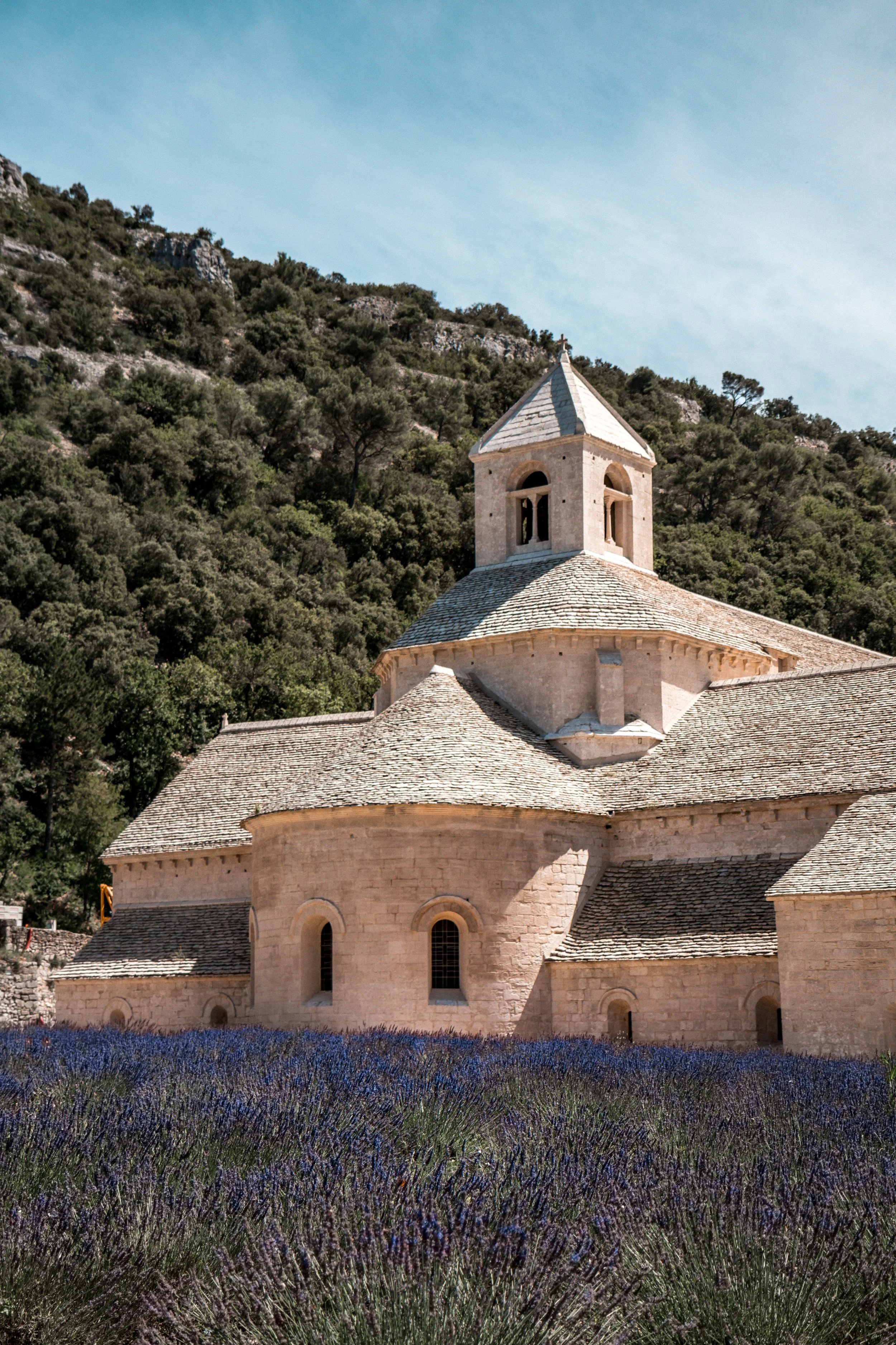 A stone church with a pointed steeple surrounded by lavender bushes and green mountains under a blue sky.