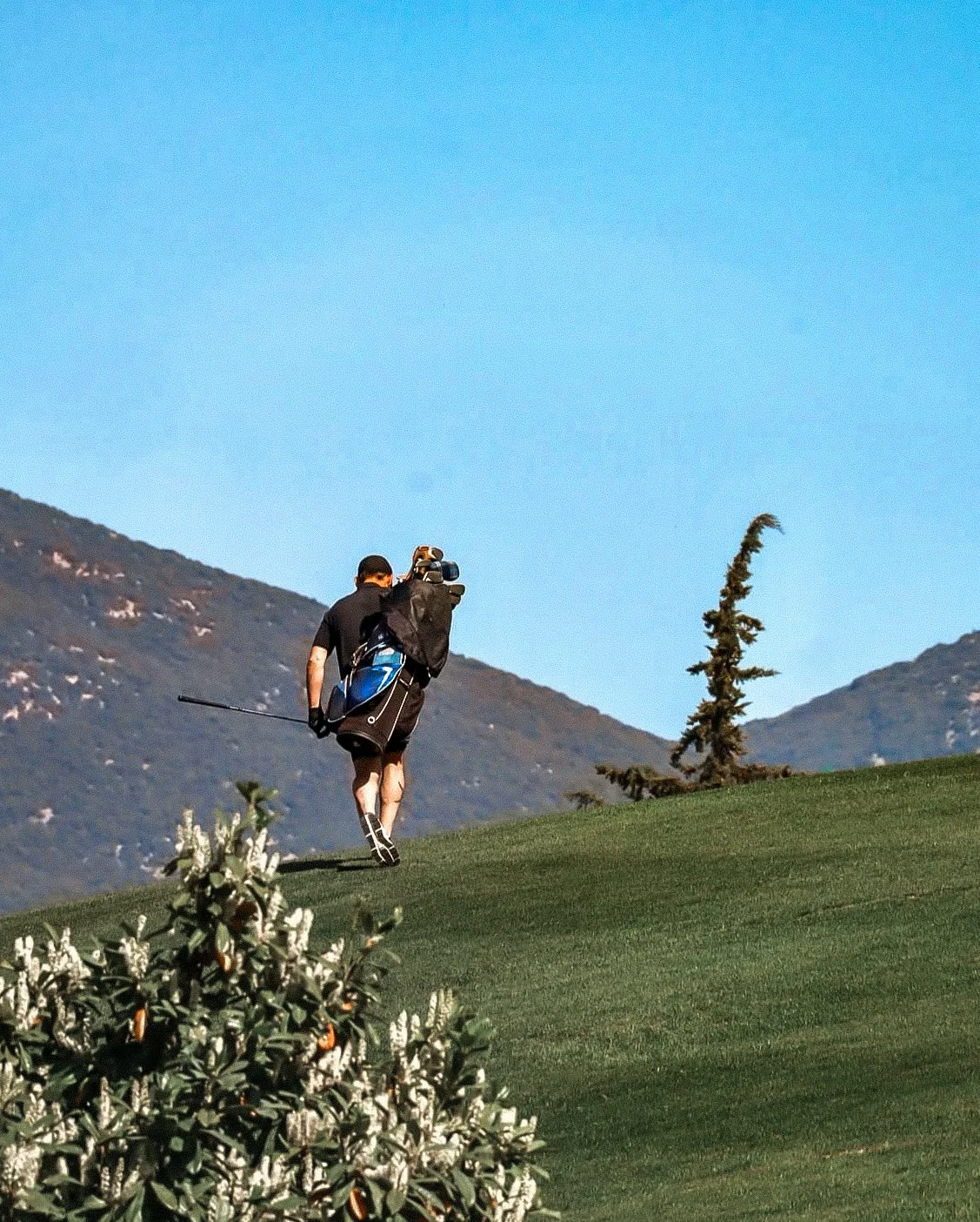 A person walking on a grassy hillside with mountains in the background, carrying a golf bag and using a golf club, under a clear blue sky.