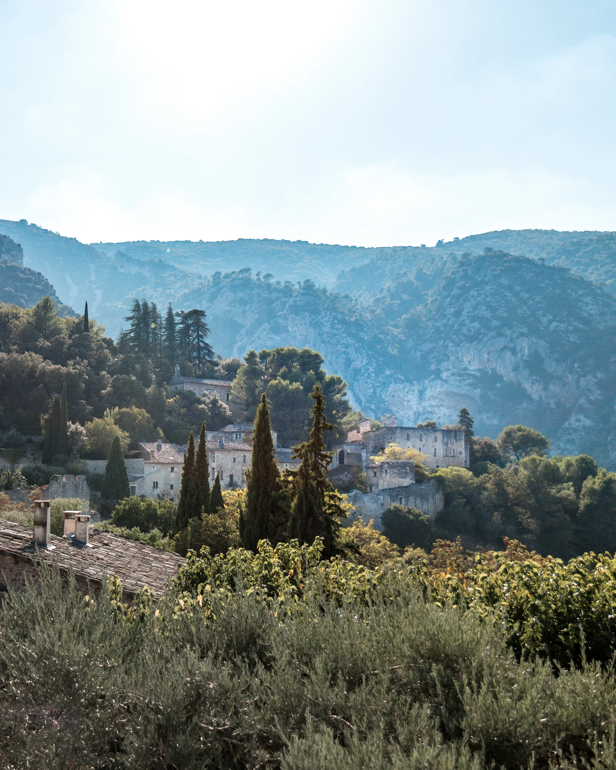 Scenic view of a village nestled among lush green trees and rolling hills with mountains in the background under a partly cloudy sky.