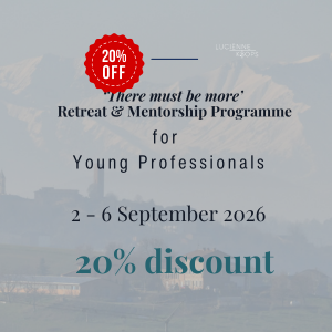 Retreat and mentorship program flyer for young professionals, happening September 2 to 6, 2026, with a mountain background.