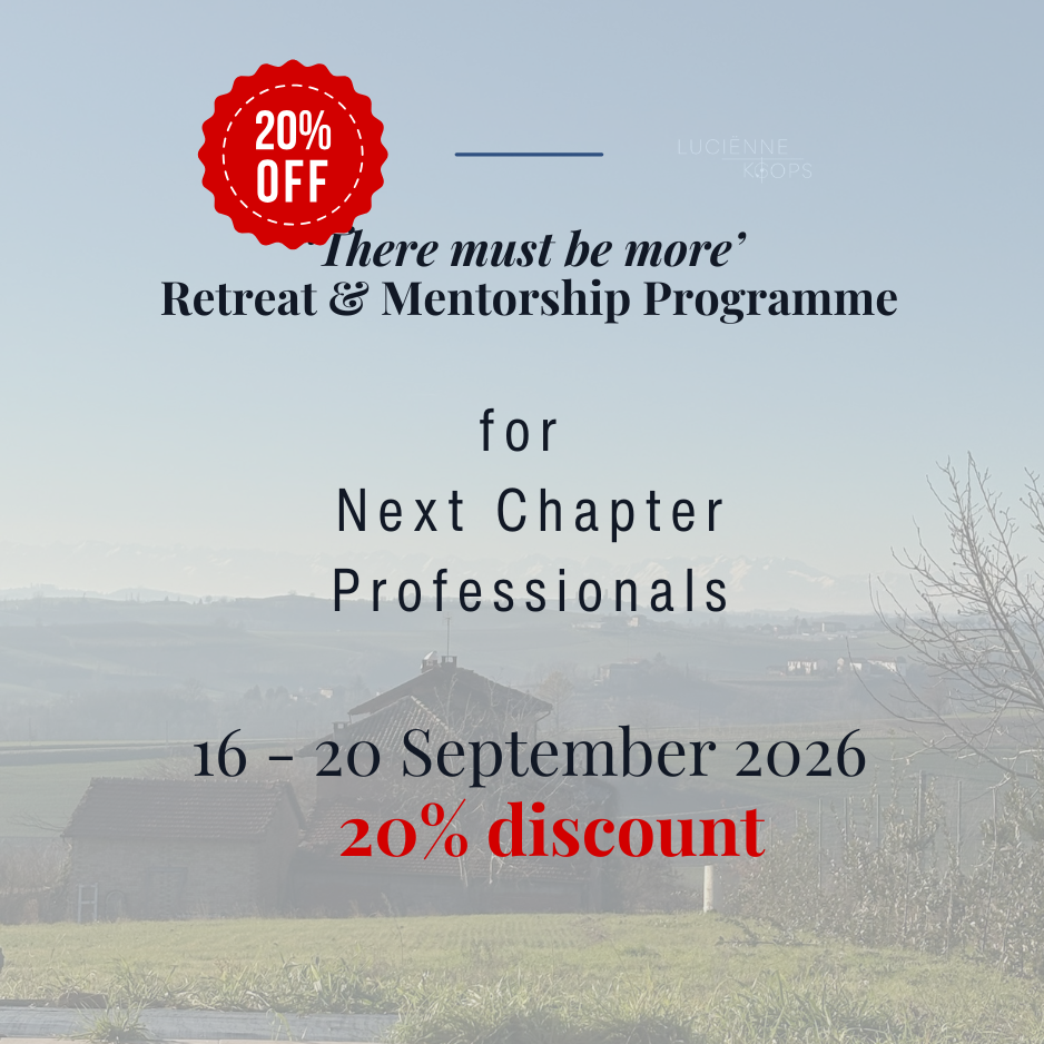 Text with event details: "There must be more" Retreat & Mentorship Programme for Next Chapter Professionals, 16-20 September 2026, over a scenic landscape background.