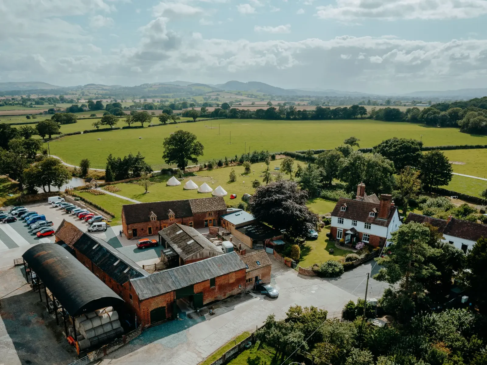 An aerial view of Moat Hall Barns and the surrounding Shropshire countryside.