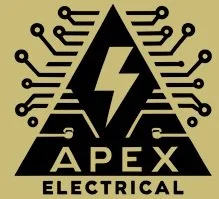 Logo of APEX Electrical featuring a lightning bolt inside a triangle surrounded by circuit lines.