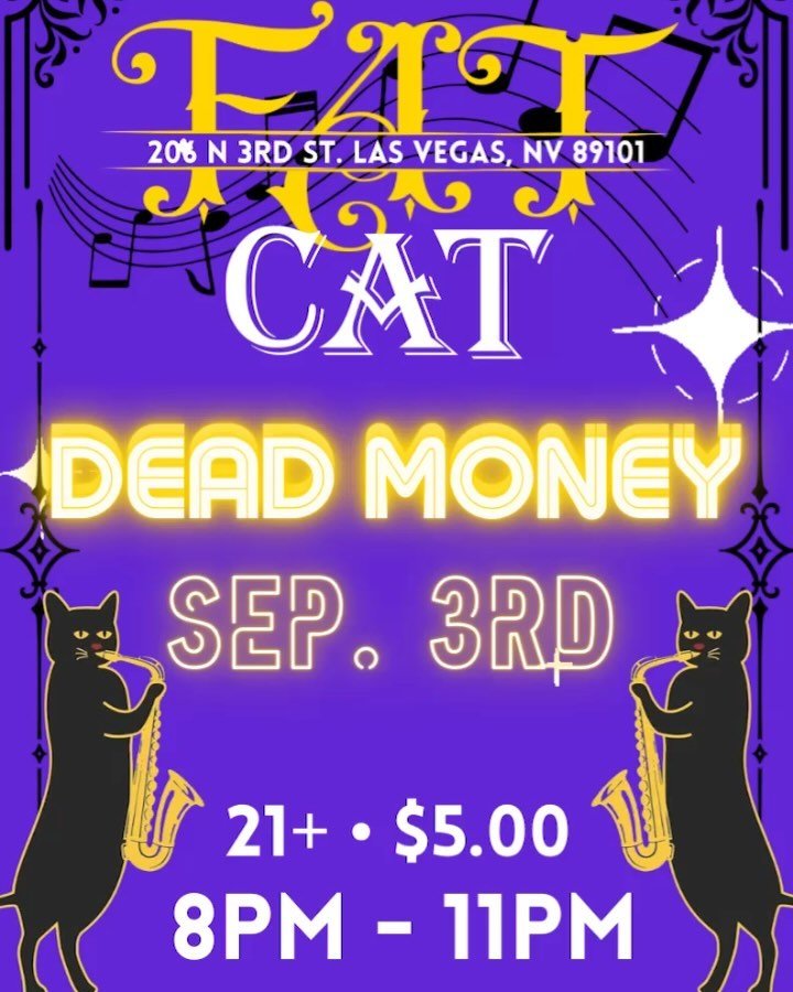 TUESDAY 9.03.24 come and join us for a post Labor Day evening of fancy drinks, and immaculate vibes. 

We will be playing at @fatcat_lv to rock back and lay some saucy beats on the LV streets. 

$5.00 to get in and we will be jamming from 8pm-11pm!

