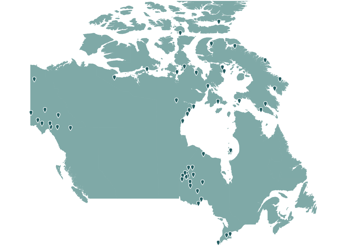 Map of Canada with pins marking Learn Different partner school communities