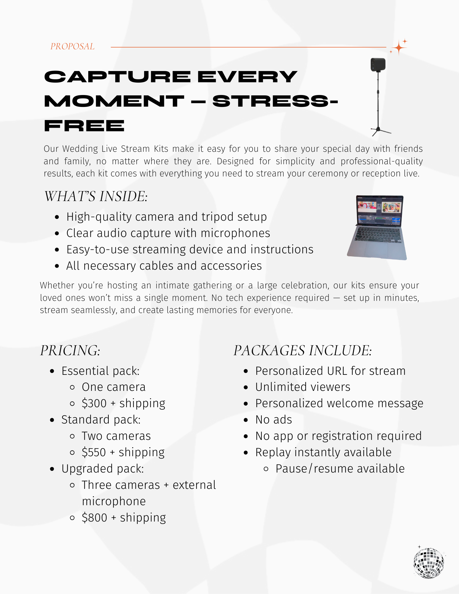 Flyer for Wedding Live Stream Kits offering professional-quality event streaming with high-quality camera, tripod, microphones, and streaming device, including packages with varying camera setups, and features like personalized URL, unlimited viewers, and instant replay.