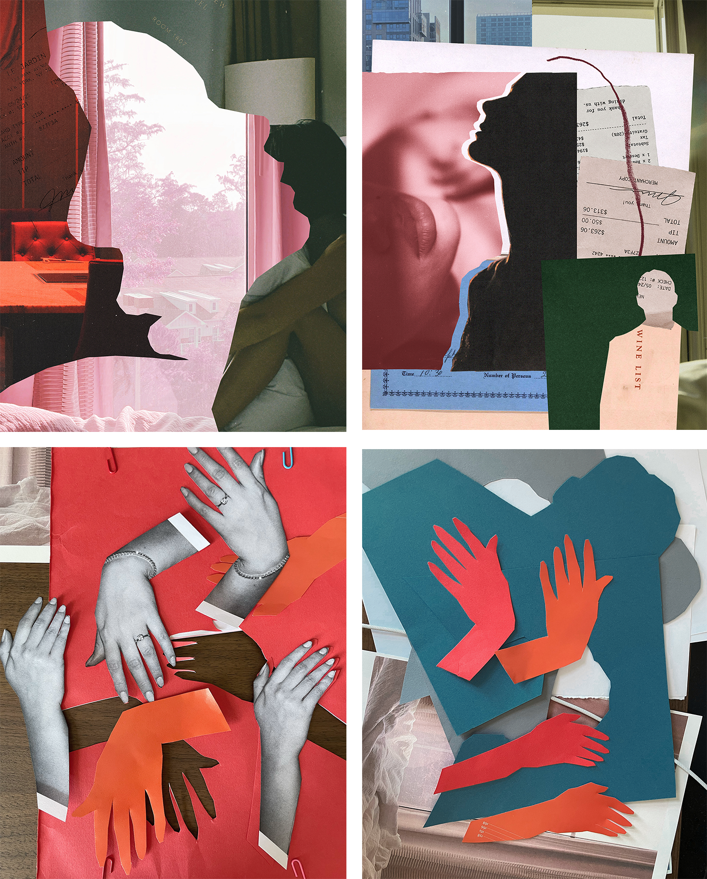 analogue mixed media paper collage concept work and sketches. For an editorial illustration supporting an article about women turning to sugar daddies for financial stability. Female hands cutout of paper are scattered across an artists workbench