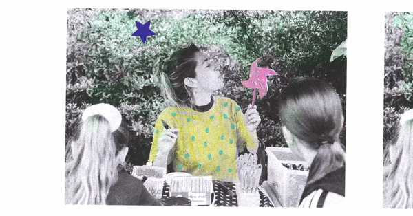 mixed media handmade animation using printed contact sheet images with pens, paint, pastels, scribbles, lines, stars and dot stickers decorating each frame