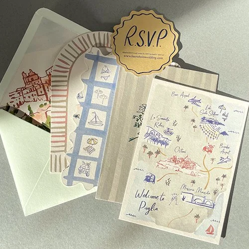 An RSVP card and travel-themed greeting cards with illustrations of landmarks, boats, and maps, including a yellow RSVP badge.