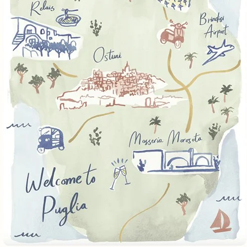A illustrated map of Puglia featuring landmarks like a vineyard, historic townscape, and coastline with sailboat, along with icons of a beach chair, motorcycle, airplane, camper van, wind turbine, and palm trees, with handwritten labels.