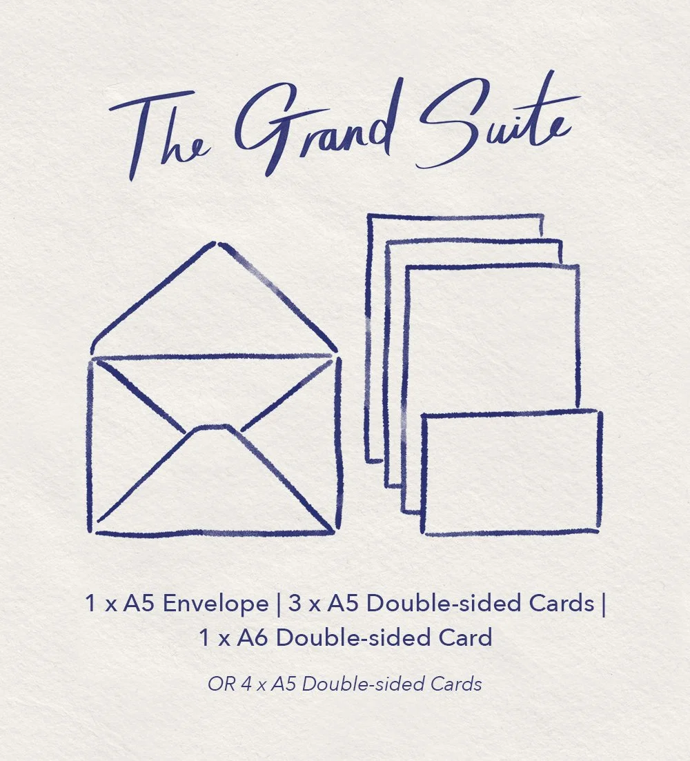Sketch of stationery items: an envelope, three double-sided cards, and a larger double-sided card, with text explaining contents.