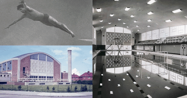 animated gif includes images of swimming pool, bingo hall, cinema, old buildings, diver, ash tray and ticket stubs. Vintage retro photography collage.