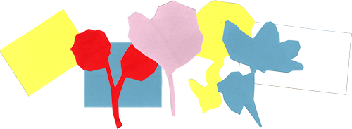 paper cuout shapes including flowers, squares and rectangles in yellow, red, blue, pink and white.