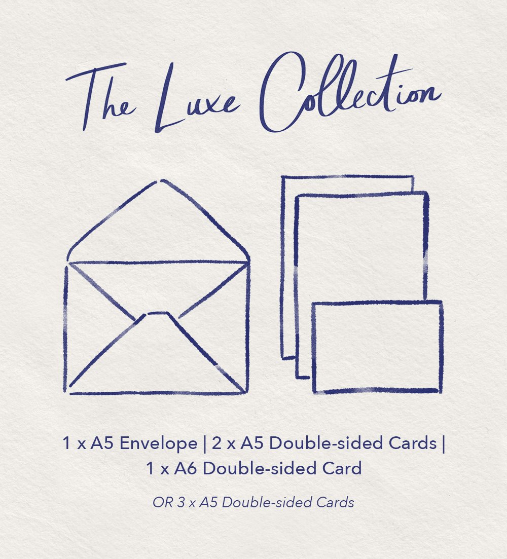 Poster for The Luxe Collection: features an illustration of an A5 envelope, two double-sided cards, and a double-sided A6 card, with text describing the items included in the collection and an alternative option of three double-sided A5 cards.