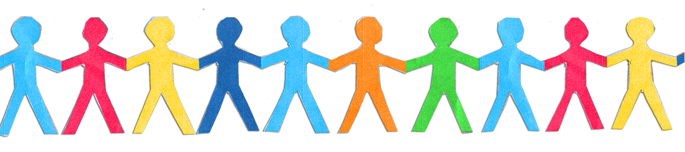 row of paper cut men in colours of red, blue, yellow, orange, and green. Each man represents a Dad and they are all joined at the hands in a concertina