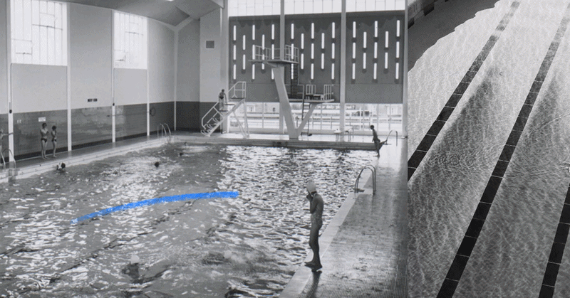 retro vintage black and white photography animated gif with cutout sections and illustrated annotations in pops of colour. Leisure Centre, Street parties and community featured