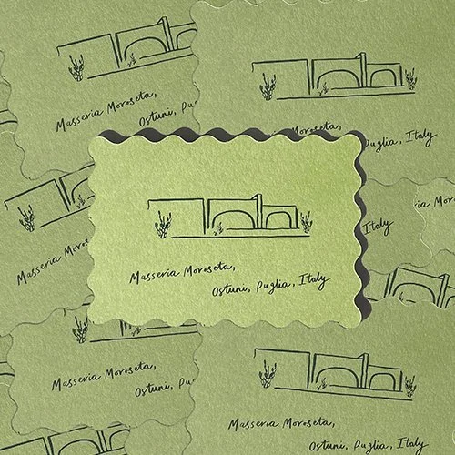 Multiple green papers with handwritten notes and sketches of a bed, plants, and the text 'Masseria Moresata, Ostuni, Puglia, Italy'.