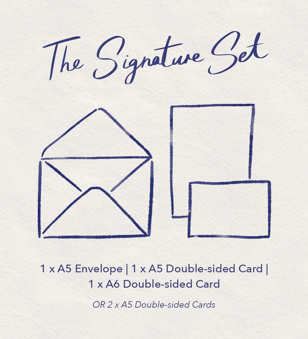 Image of a note titled 'The Signature Set' showing illustrations of an envelope, two double-sided cards labeled A5 and A6, and text listing items included, with an optional alternative of two A5 double-sided cards.
