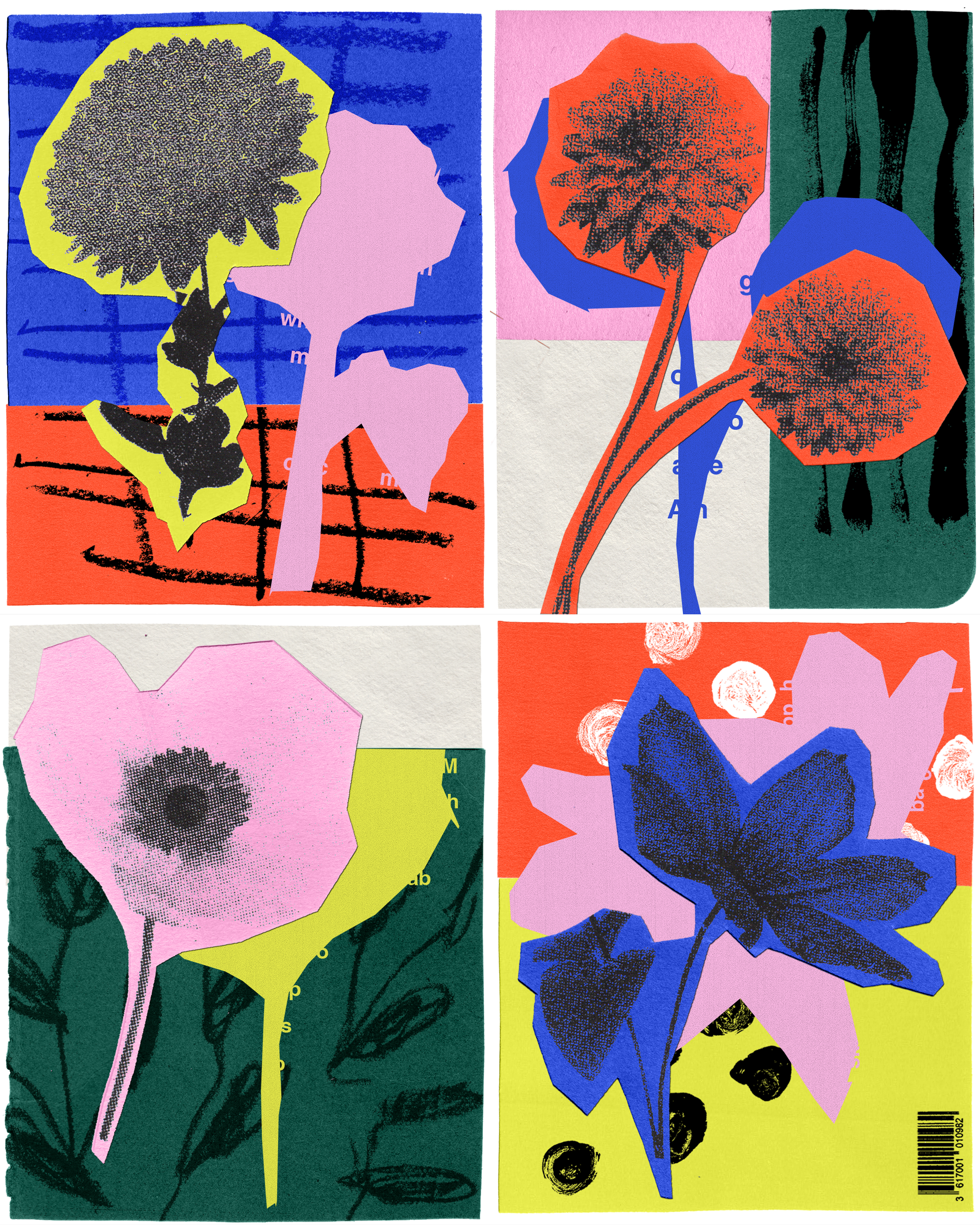 four collages that make up each quadrant in this analogue mixed media artwork. Floral and botanical themed, the flowers are printed in halftone on coloured paper, with graphic shadows, colour blocks and illustrative elements such as paint brushstroke