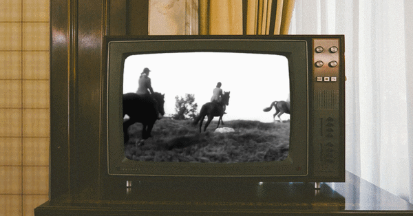 vintage television animation film with rocking horse, galloping ponies, playground kids, green fields, old-fashioned wallpaper and gramophone.