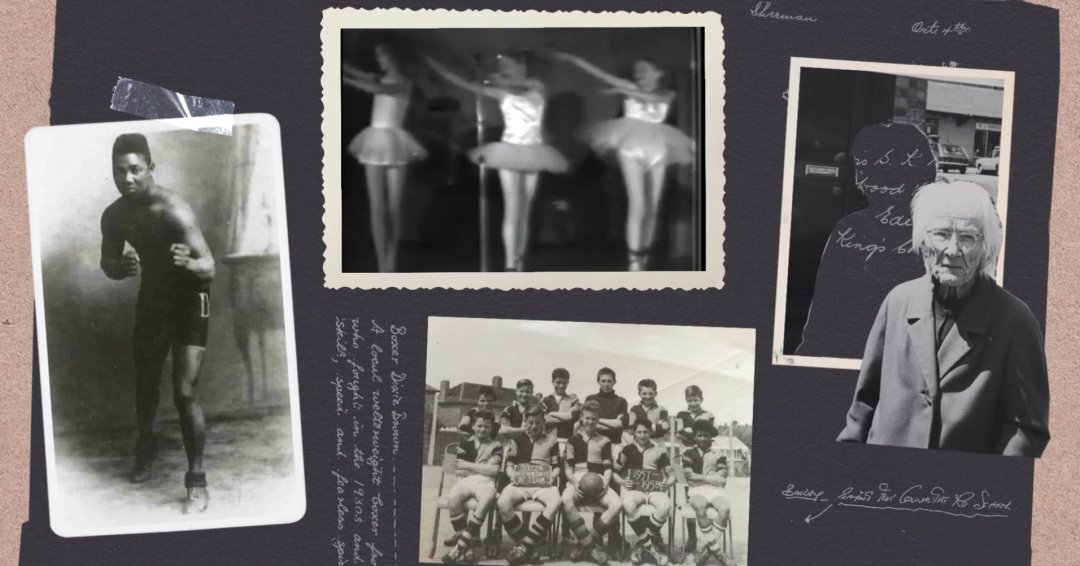 old photo album style scrapbook with vintage photos in black and white, showing an old lady, boxer, ballerina dancers and football team from Knowle West Bristol