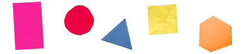five cutout paper shapes including rectangle, circle, triangle, square and hexagon in bright fun colours