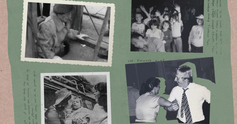animated scrapbooking style gif using vintage photography and video. Groups of kids, couple dancing, mother and baby and guitarist entertainer featured on green backing paper