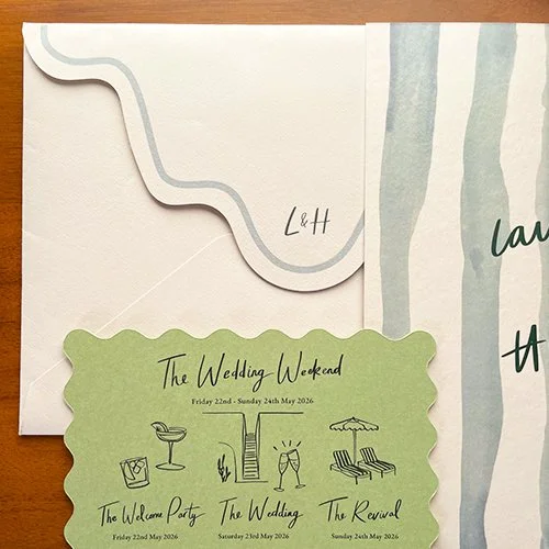 Invitation for a wedding weekend with details about the welcome party, ceremony, and reception, featuring light green and neutral tones and hand-drawn illustrations.